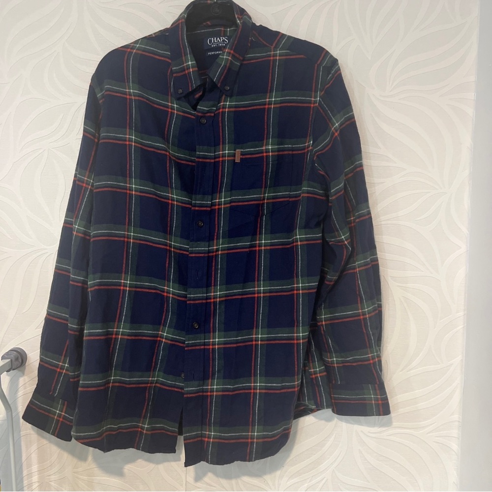Chaps Performance Flannel Button Up Shirt Adult LT Blue Plaid Long Sleeve Mens L